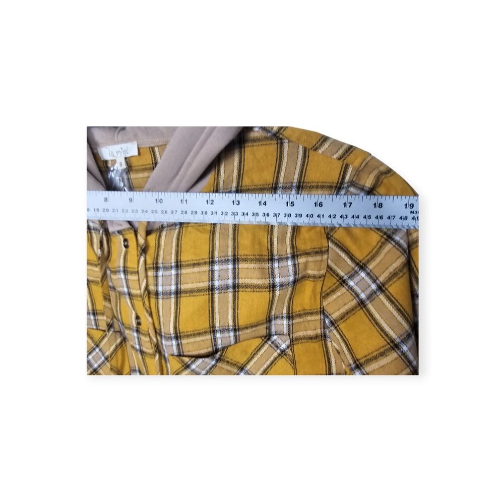 La Miel Mustard Yellow Plaid Button-Up Hooded Shirt Size S Long Sleeve Casual - Picture 6 of 8